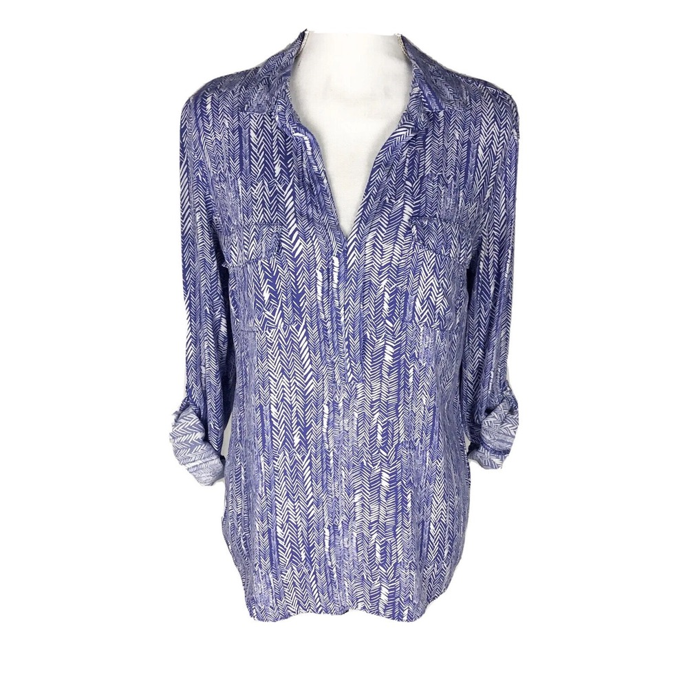 Splendid Size M Blue Ivory Geometric ‎ Hatch Rayon Top Blouse Roll-tab Sleeves